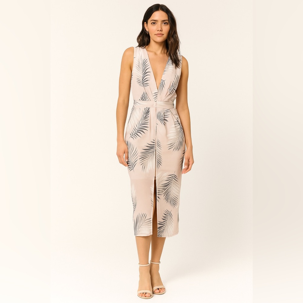 STUDIO YDE luxurious summer maxi dress neutral with palm leaves zip up